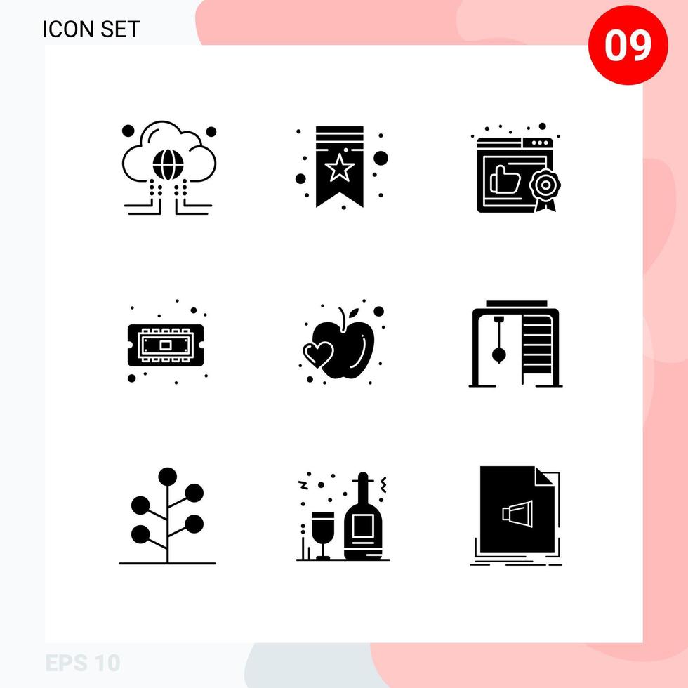 Set of 9 Commercial Solid Glyphs pack for heart apple business hardware computer Editable Vector Design Elements