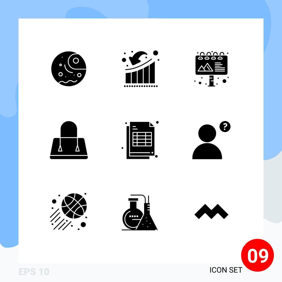 Pack of 9 creative Solid Glyphs of invoice bill loss purse bag Editable Vector Design Elements