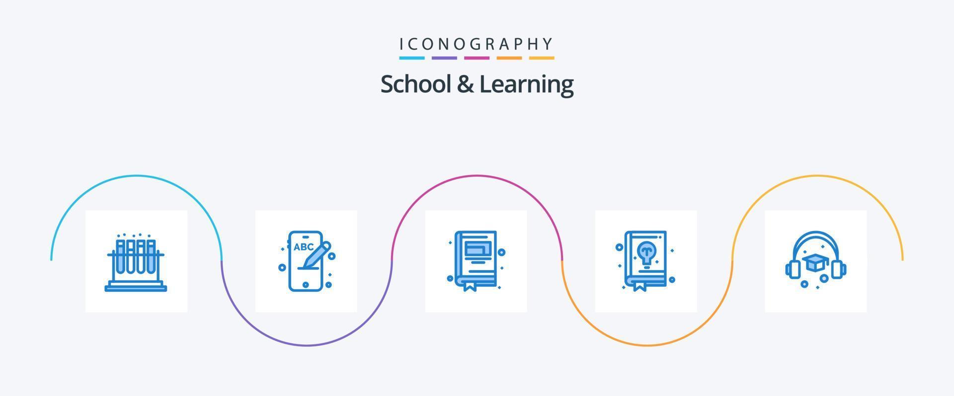 escuela y aprendizaje azul 5 paquete de iconos que incluye. educación. computadora portátil. gorra. guía vector