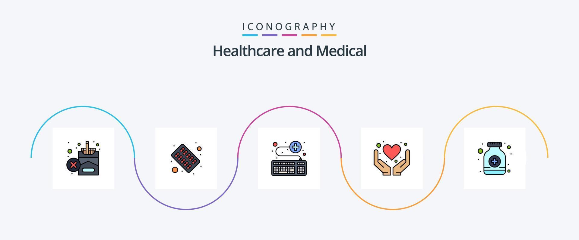 Medical Line Filled Flat 5 Icon Pack Including pills. heart. attach. hands. service vector