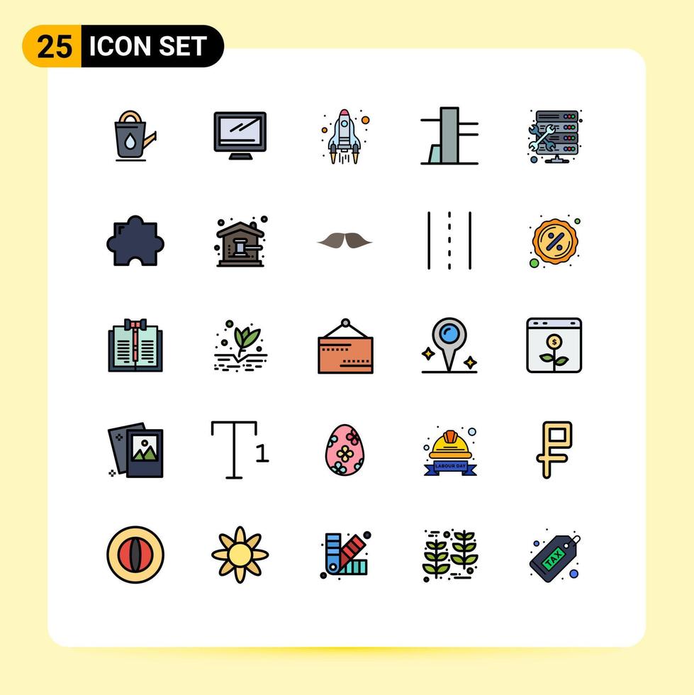 Filled line Flat Color Pack of 25 Universal Symbols of setting hosting pc admin launch Editable Vector Design Elements