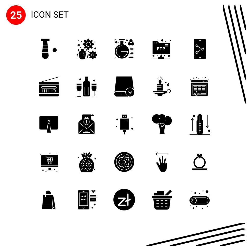 Set of 25 Vector Solid Glyphs on Grid for mobile ftp gear folder study Editable Vector Design Elements