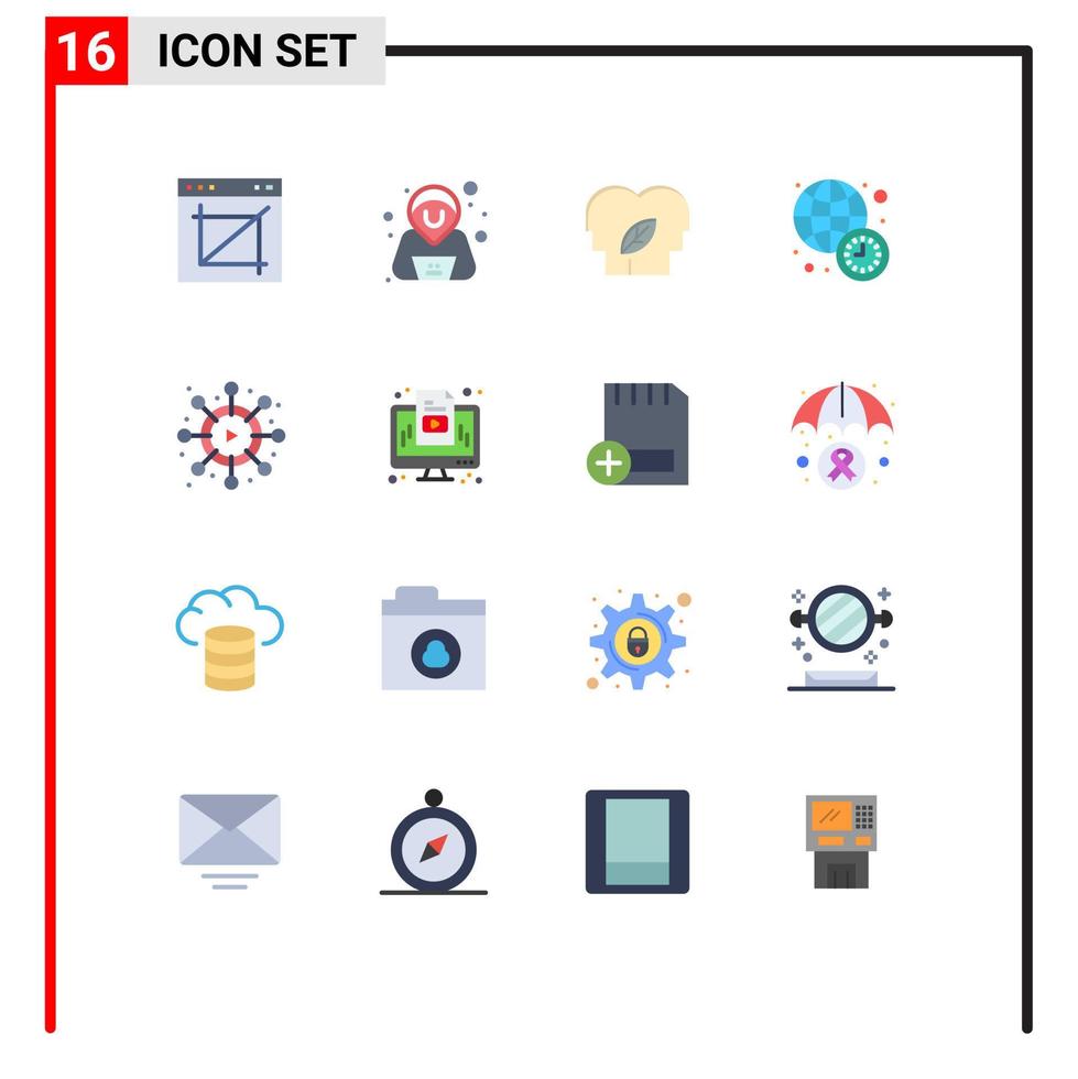 Mobile Interface Flat Color Set of 16 Pictograms of video world news eco time clock Editable Pack of Creative Vector Design Elements