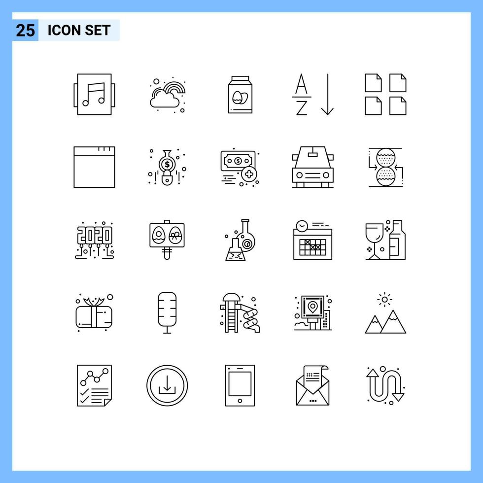 Line Pack of 25 Universal Symbols of multiple documents egg sort alphabetical Editable Vector Design Elements