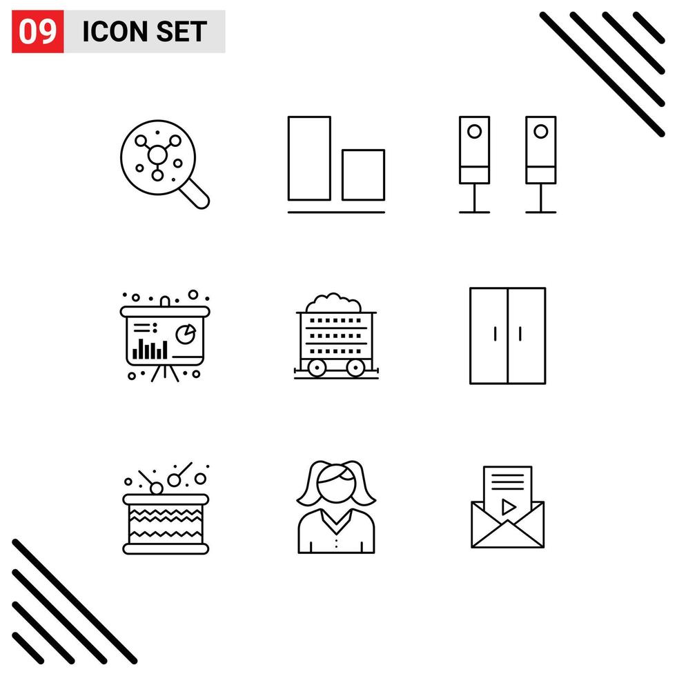 Pack of 9 Modern Outlines Signs and Symbols for Web Print Media such as construction cart electric information presentation Editable Vector Design Elements