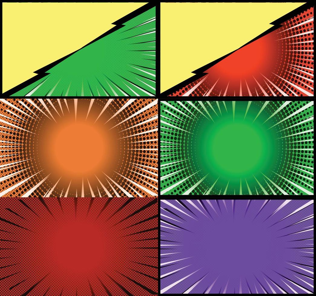 Comic book colorful frames background with halftone rays radial and dotted effects pop art style vector