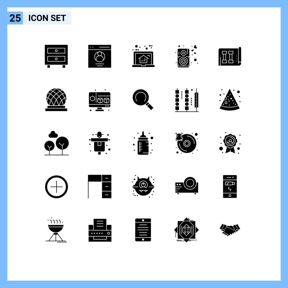 conjunto de pictogramas de 25 glifos sólidos simples de elementos de diseño de vectores editables de bienes raíces de música en casa