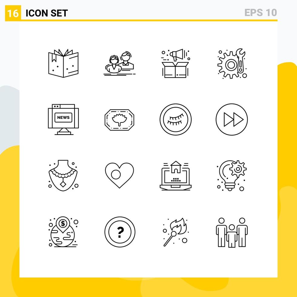 conjunto moderno de 16 esquemas y símbolos, como elementos de diseño de vectores editables de equipo de reparación de gestión de comunicaciones de revistas
