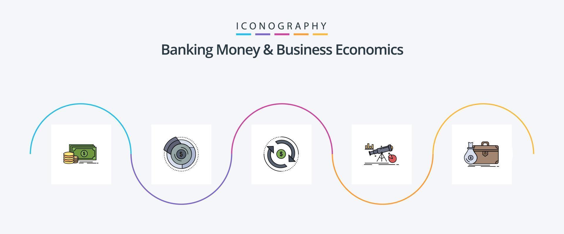 Banking Money And Business Economics Line Filled Flat 5 Icon Pack Including market. finance. graph. analytics. market vector