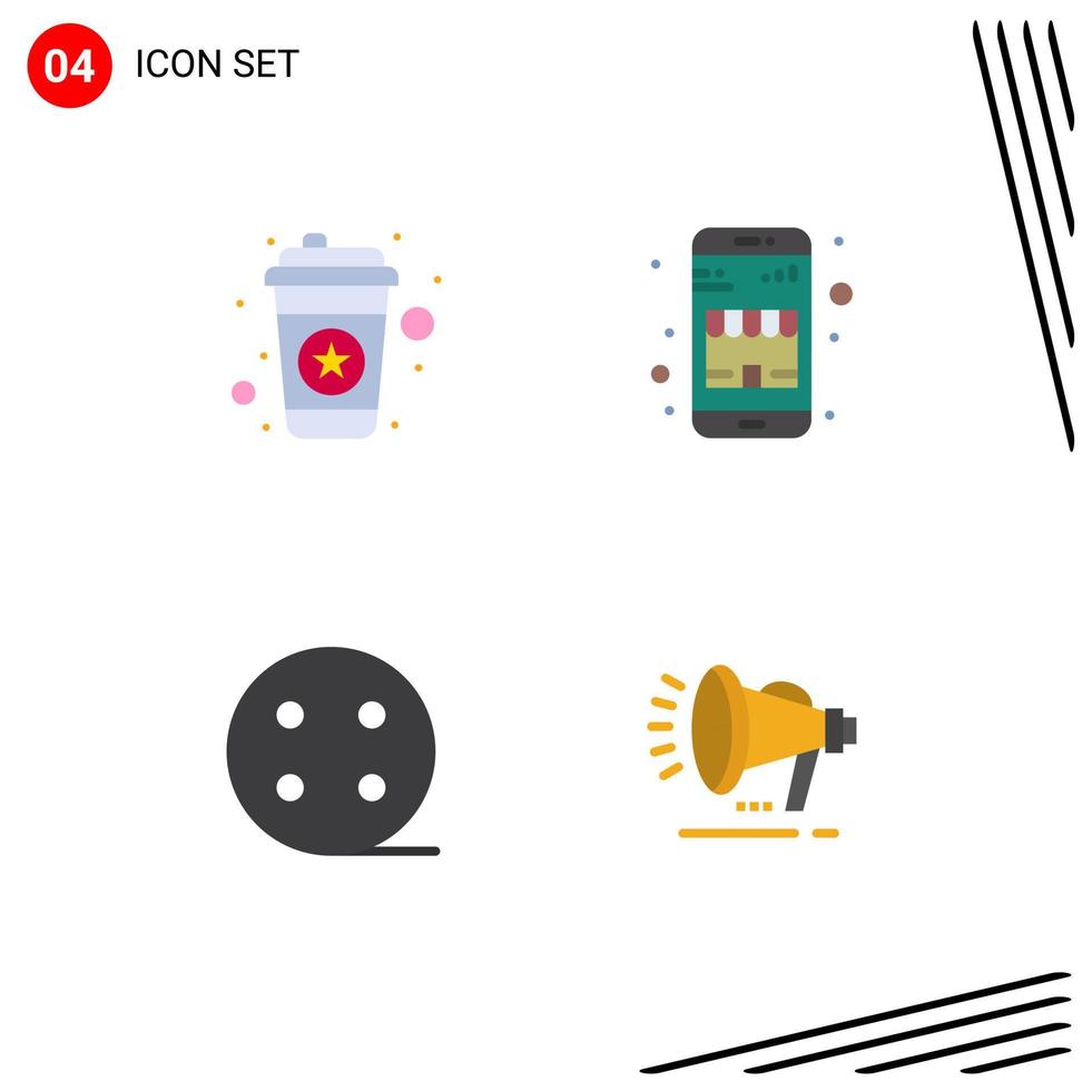 conjunto moderno de 4 iconos y símbolos planos, como bebidas calientes, tienda en línea, altavoces, elementos de diseño vectorial editables vector