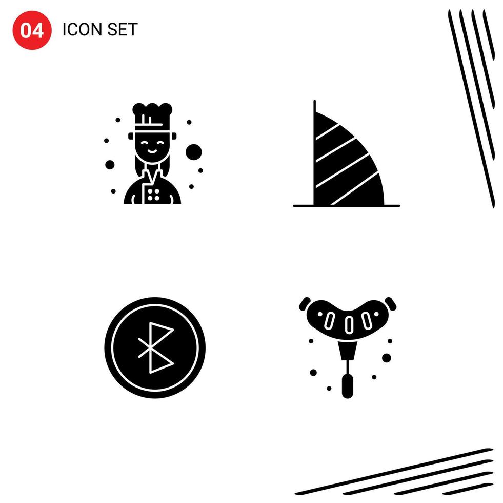 Pack of 4 creative Solid Glyphs of chef bluetooth female cook dubai hotel connection Editable Vector Design Elements