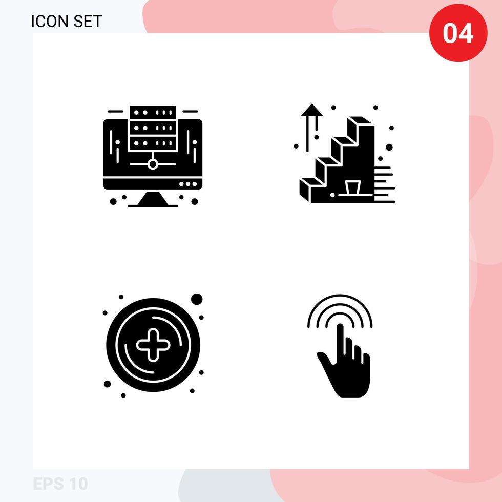 Pictogram Set of 4 Simple Solid Glyphs of computer plus server up gestures Editable Vector Design Elements