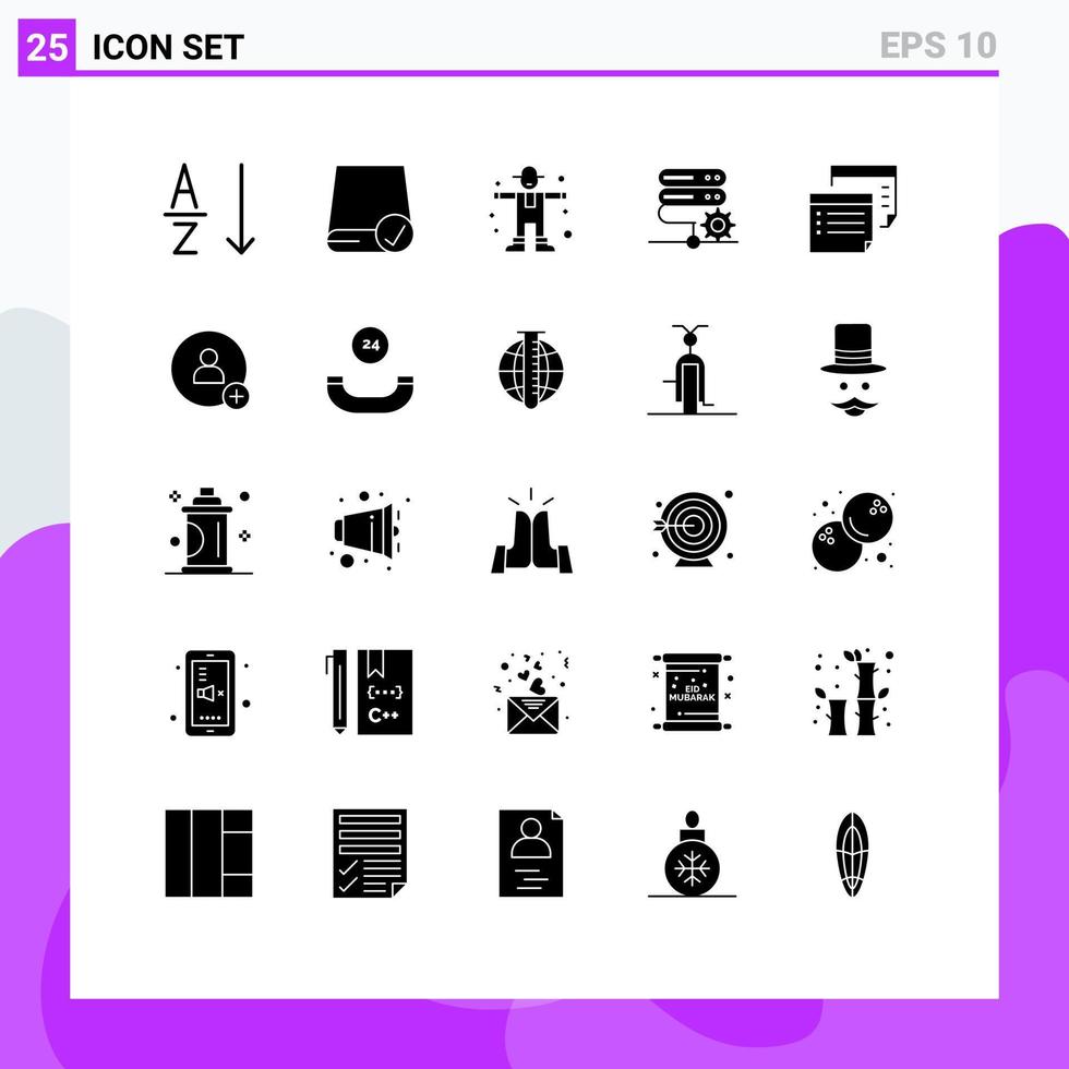 Mobile Interface Solid Glyph Set of 25 Pictograms of notes setting character server database Editable Vector Design Elements