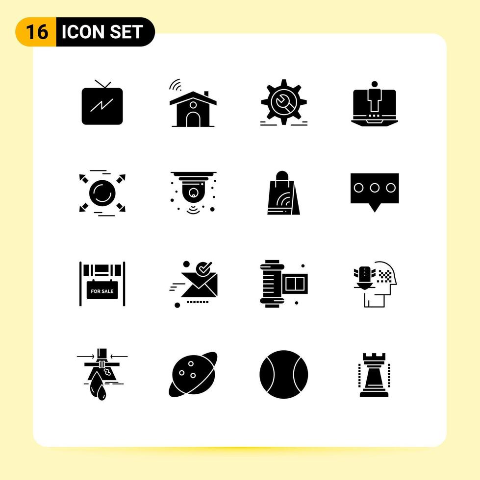 Pack of 16 Modern Solid Glyphs Signs and Symbols for Web Print Media such as arrow service cog hardware laptop Editable Vector Design Elements