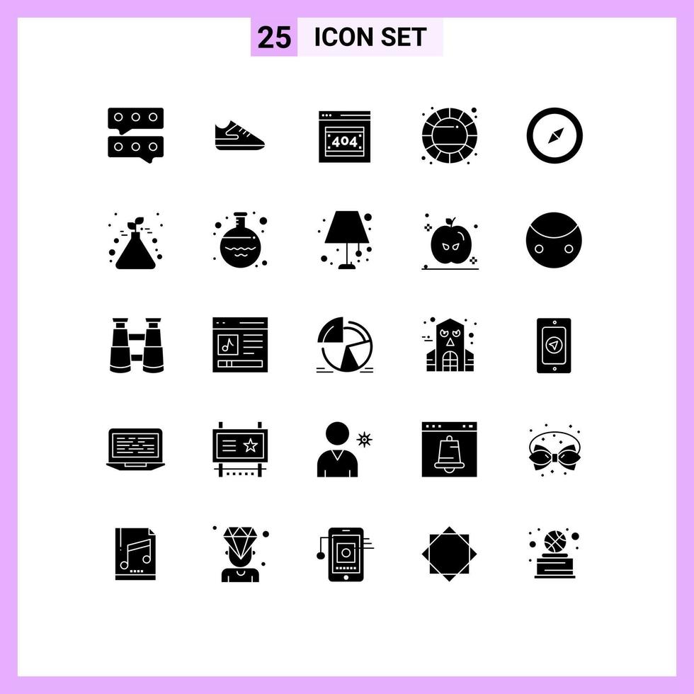 25 User Interface Solid Glyph Pack of modern Signs and Symbols of plant map http error compass wheel Editable Vector Design Elements