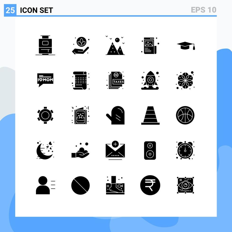 Universal Icon Symbols Group of 25 Modern Solid Glyphs of graduation hat academic landscape image designing Editable Vector Design Elements