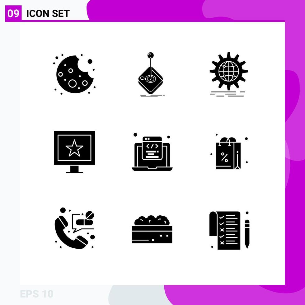 Group of 9 Solid Glyphs Signs and Symbols for html tv international stars gear Editable Vector Design Elements