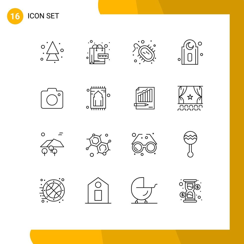 16 User Interface Outline Pack of modern Signs and Symbols of photo camera bacteria prayer mosque Editable Vector Design Elements