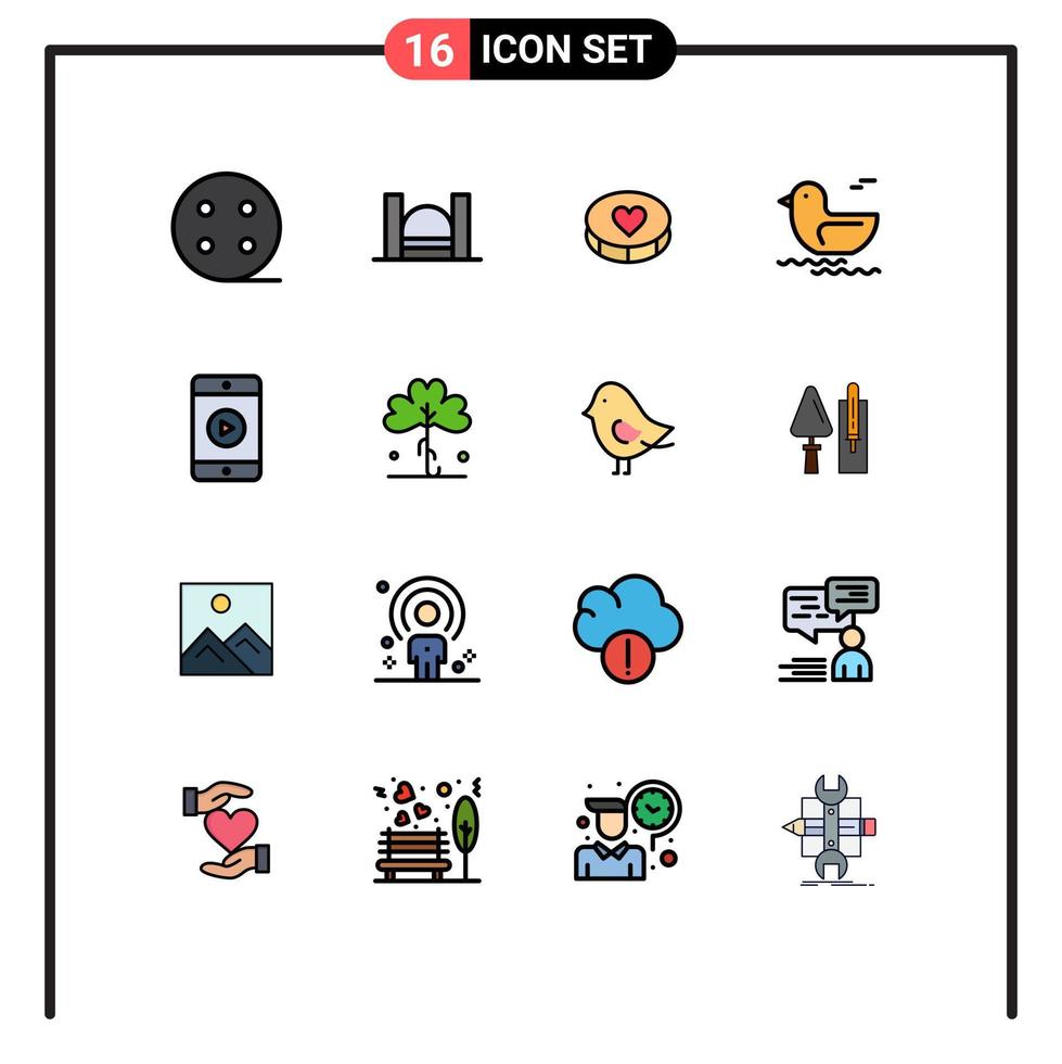 16 Thematic Vector Flat Color Filled Lines and Editable Symbols of video mobile favorite canada duck Editable Creative Vector Design Elements