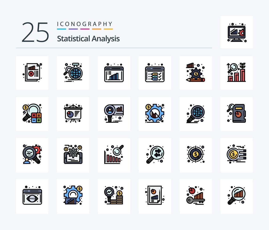 paquete de iconos rellenos de 25 líneas de análisis estadístico que incluye web. desarrollo. globo. análisis. computación de datos vector