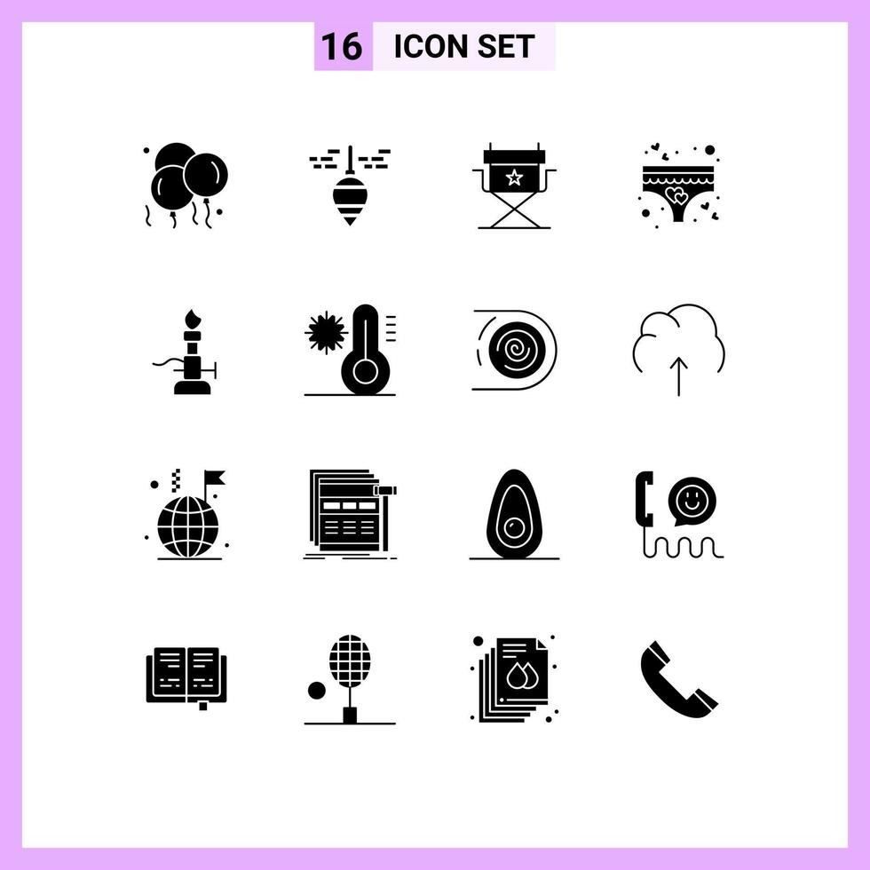 Modern Set of 16 Solid Glyphs and symbols such as light fire chair romance love Editable Vector Design Elements