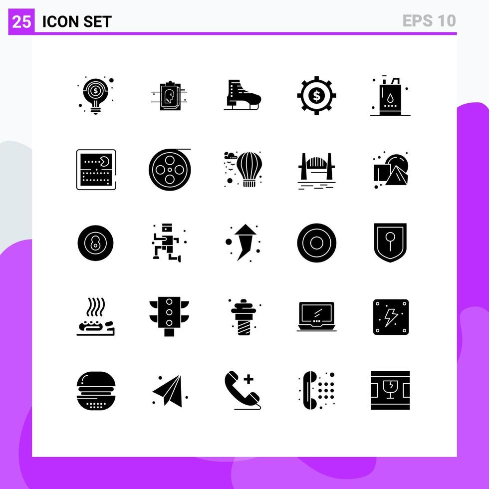 Group of 25 Modern Solid Glyphs Set for bottle business user id budget skates Editable Vector Design Elements