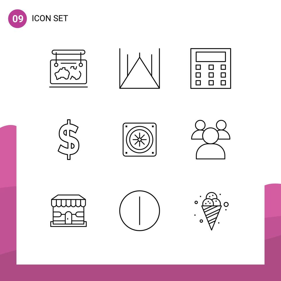 User Interface Pack of 9 Basic Outlines of fan computer pakistan mosque money currency Editable Vector Design Elements