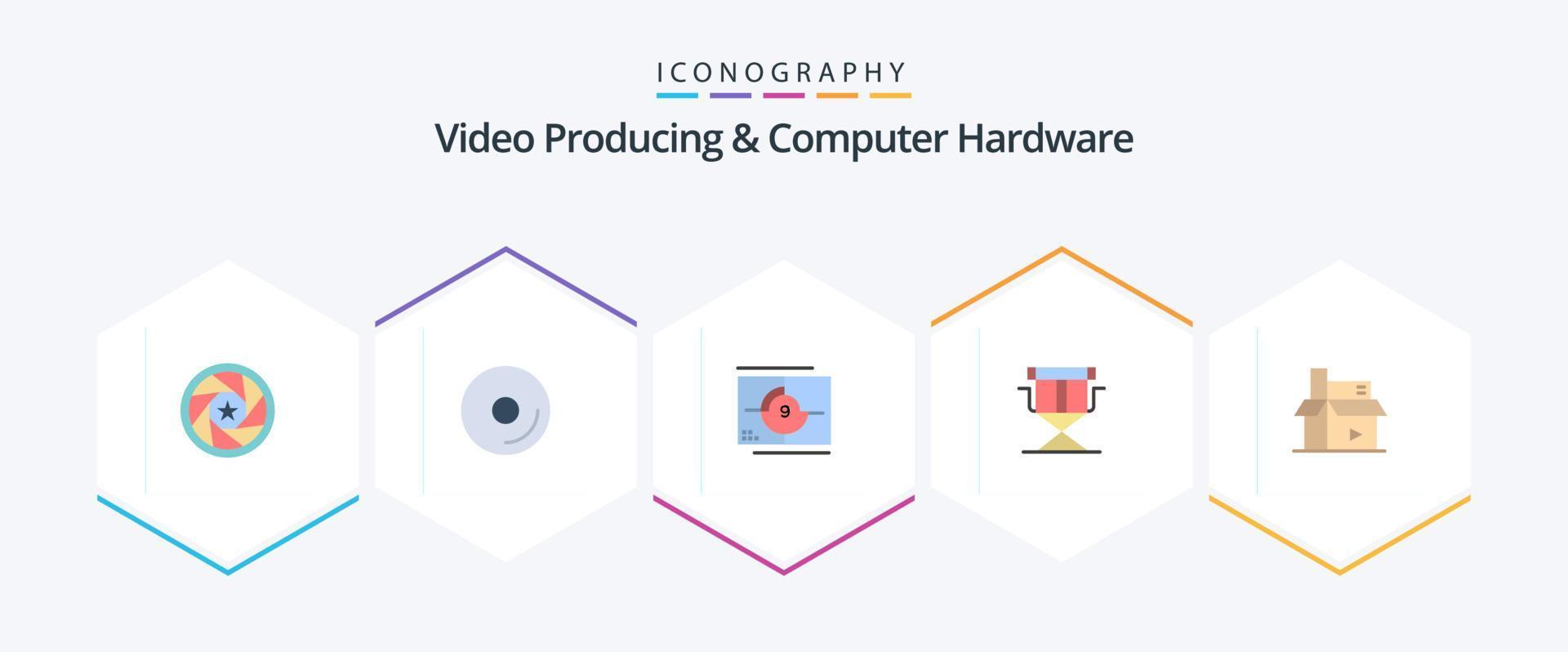 producción de video y hardware de computadora Paquete de 25 íconos planos que incluye plegable. director. video. silla. apertura vector