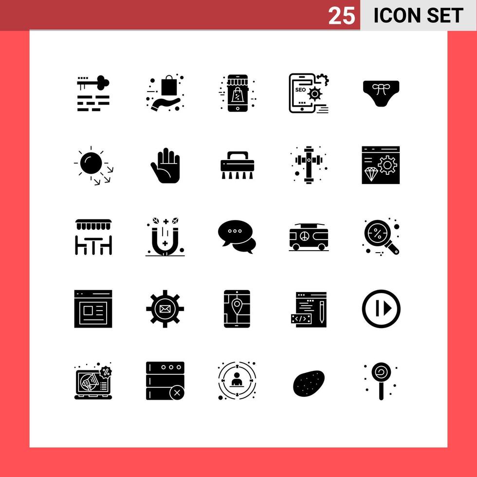 Editable Vector Line Pack of 25 Simple Solid Glyphs of configuration optimize shopping mobile sale Editable Vector Design Elements