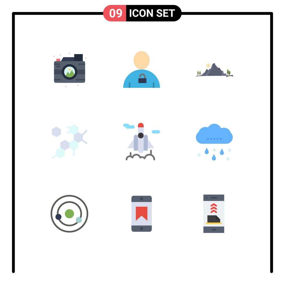 Flat Color Pack of 9 Universal Symbols of rocket molecule unlocked cell nature Editable Vector Design Elements