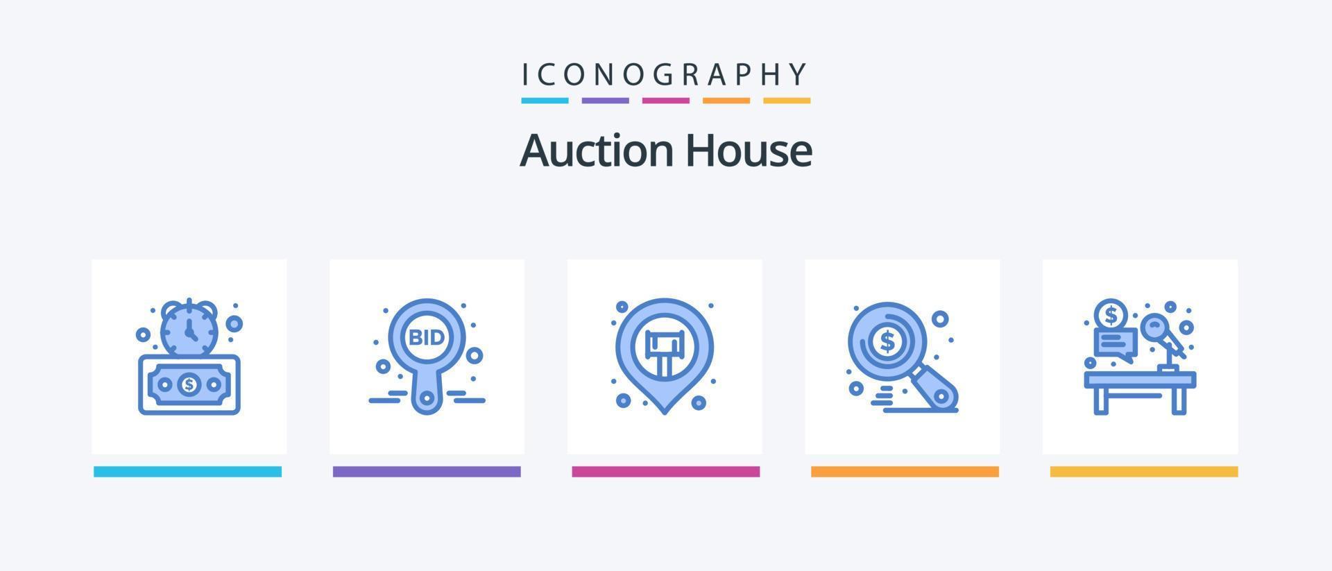 Paquete de 5 íconos azules de subasta que incluye micrófono. buscar. etiqueta. mercado. pasador de mapa diseño de iconos creativos vector