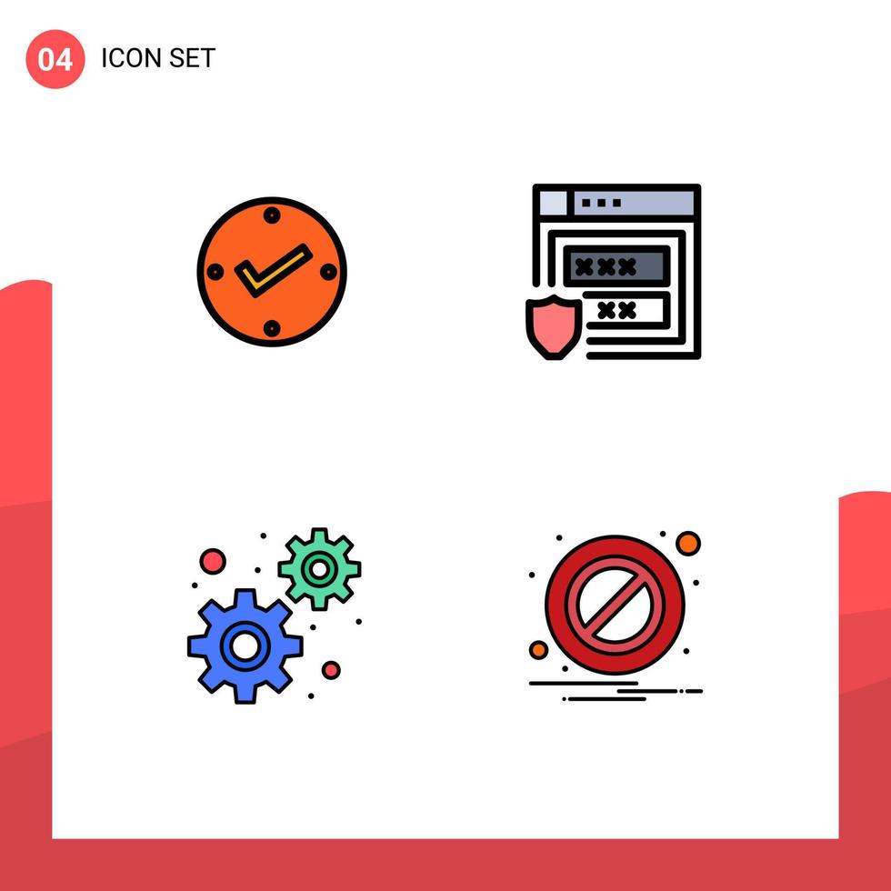 4 User Interface Filledline Flat Color Pack of modern Signs and Symbols of open gears check web block Editable Vector Design Elements