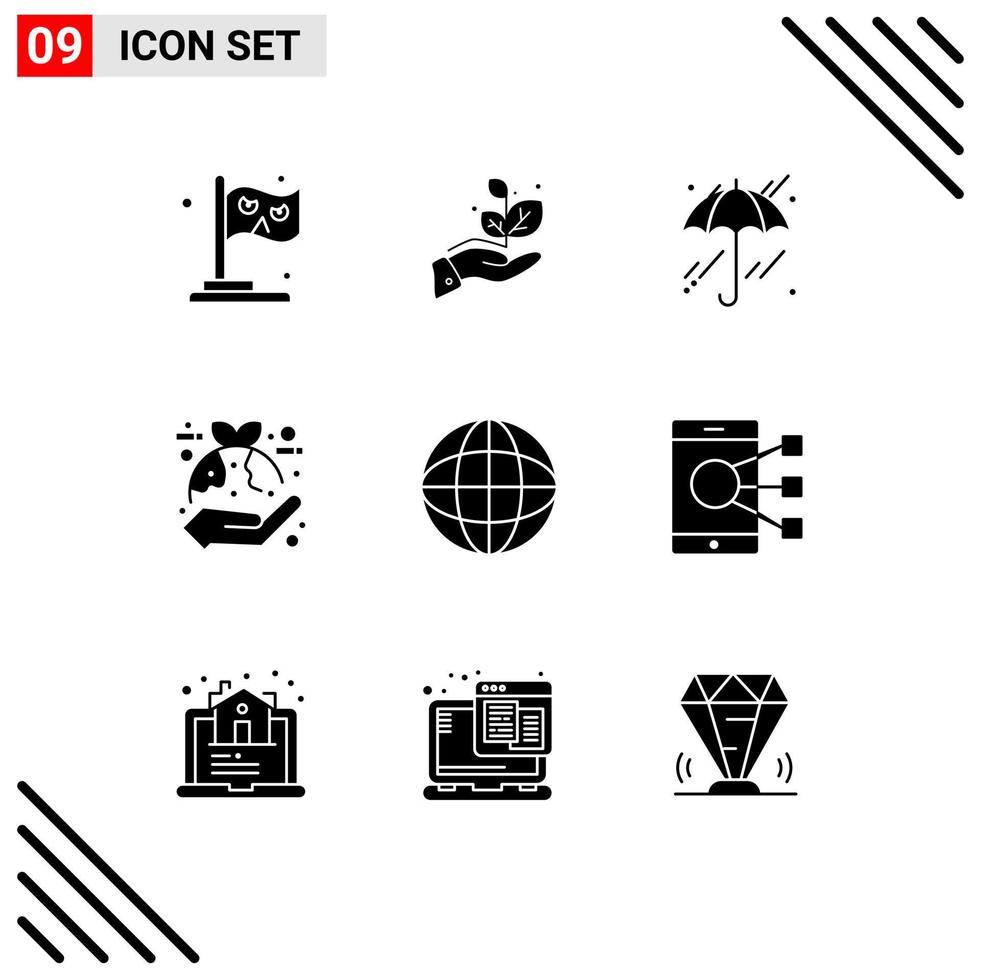 Pack of 9 creative Solid Glyphs of geography leaf umbrella hand protection Editable Vector Design Elements