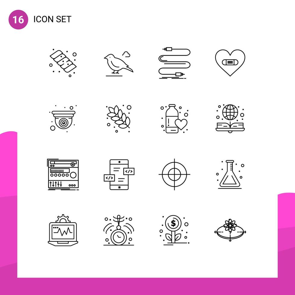 paquete de iconos vectoriales de stock de 16 signos y símbolos de línea para cam love cable heart hurt elementos de diseño vectorial editables vector