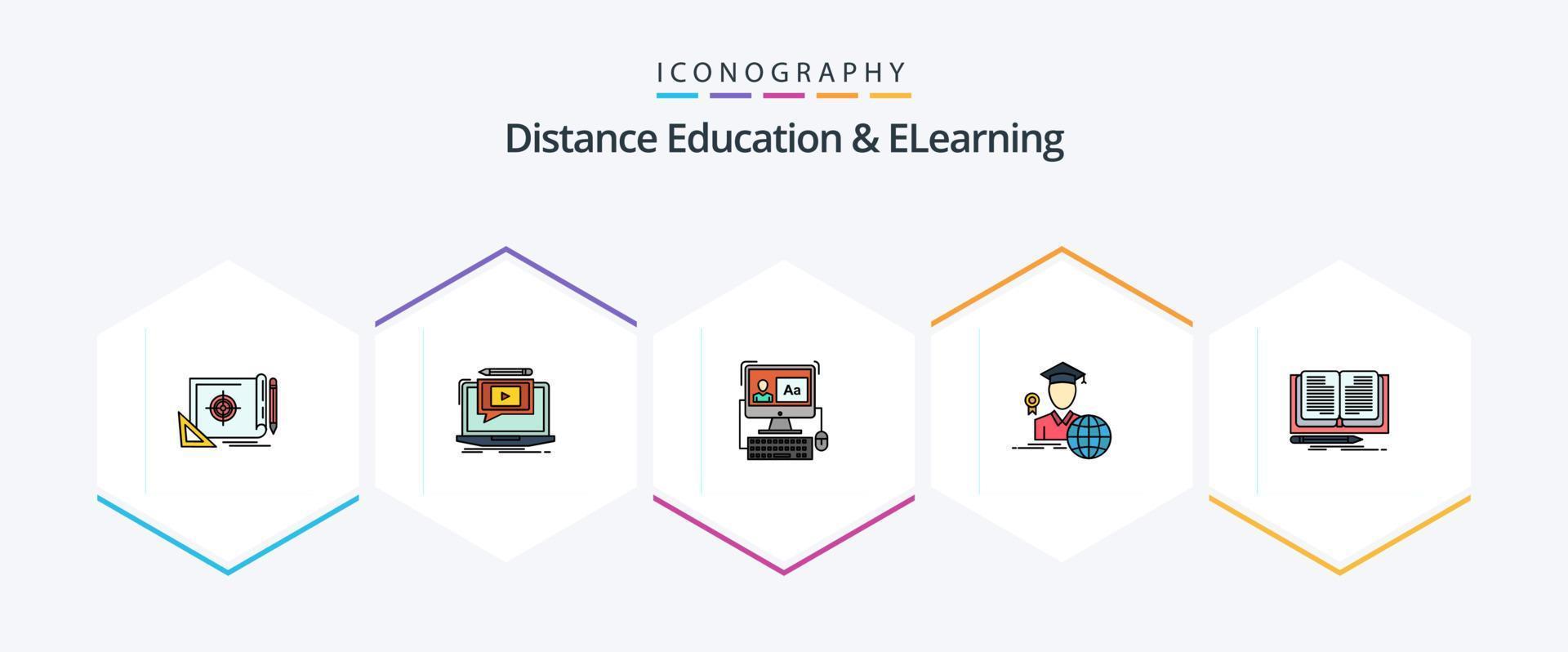 Distance Education And Elearning 25 FilledLine icon pack including scholar. avatar. tutorial. graduation. software vector