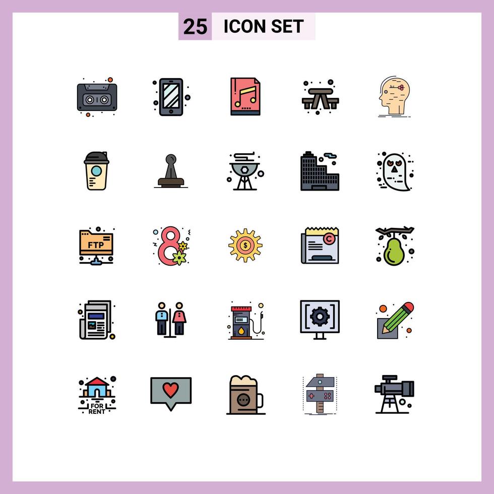 25 Universal Filled line Flat Color Signs Symbols of hacking brain computer travel camping Editable Vector Design Elements