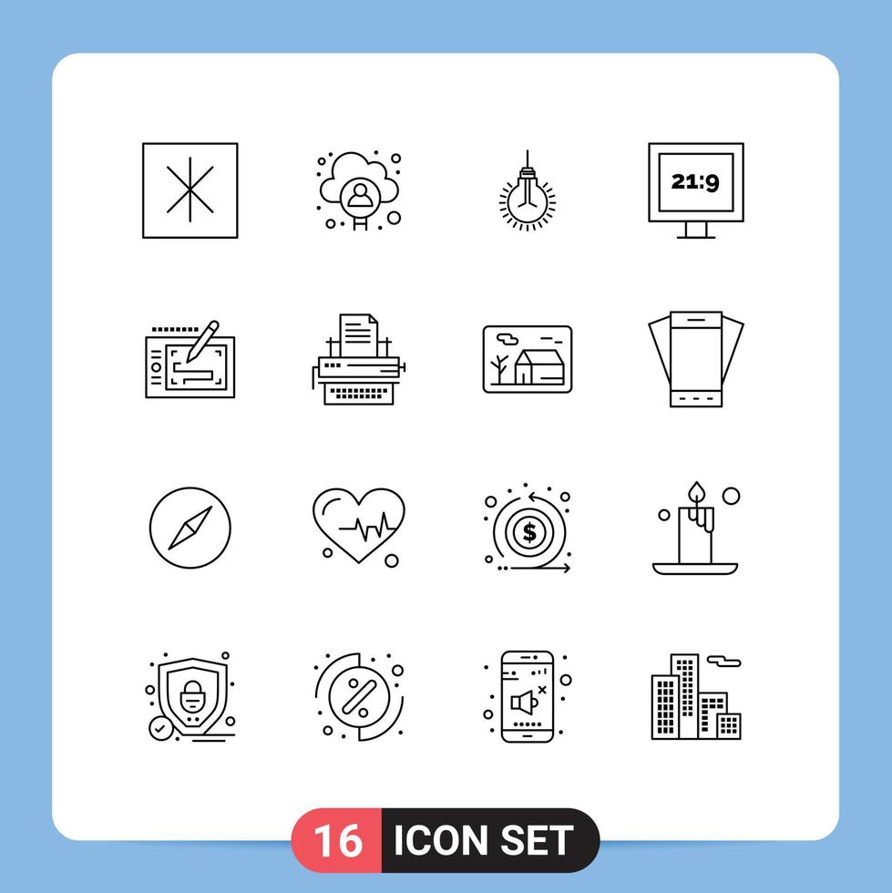 16 Thematic Vector Outlines and Editable Symbols of presentation tablet bulb tv aspect ratio Editable Vector Design Elements
