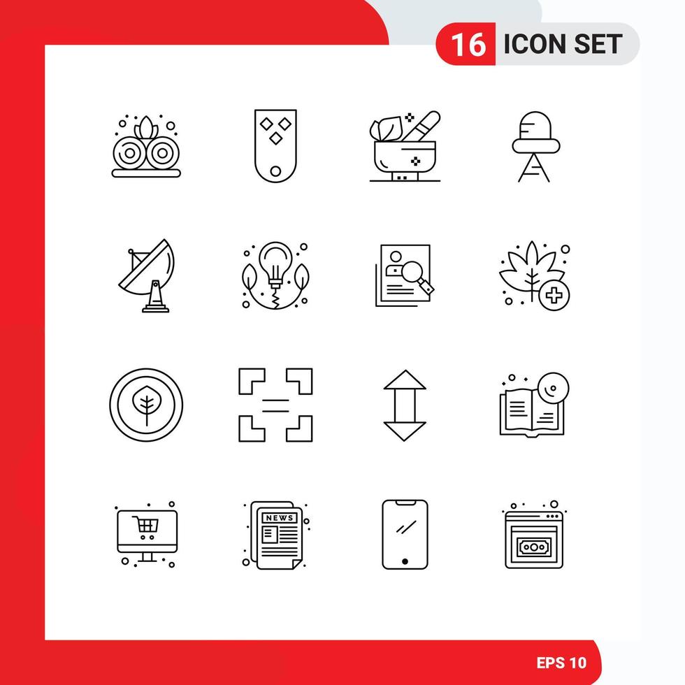 Outline Pack of 16 Universal Symbols of radar satellite herbal light diode Editable Vector Design Elements