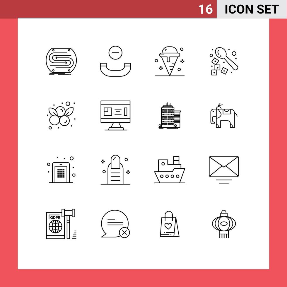 Group of 16 Outlines Signs and Symbols for berry drink cream coffee sweet Editable Vector Design Elements