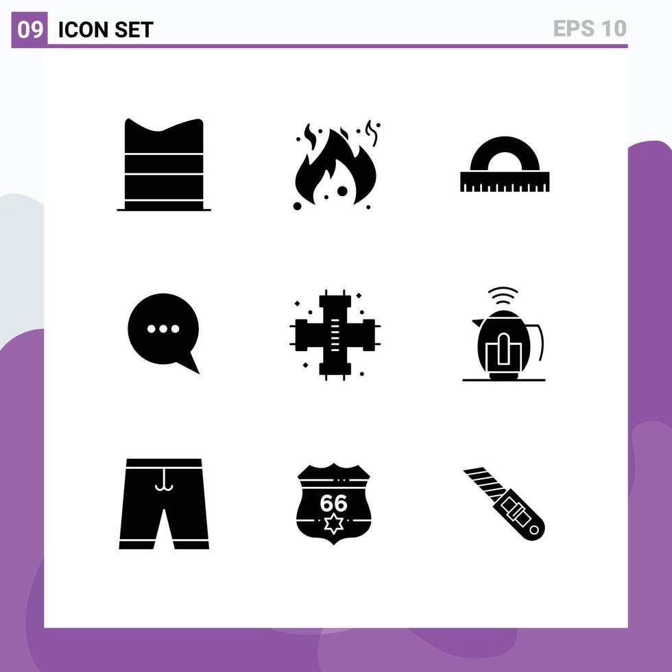 Group of 9 Solid Glyphs Signs and Symbols for plumbing pipes drawing mechanical comment Editable Vector Design Elements