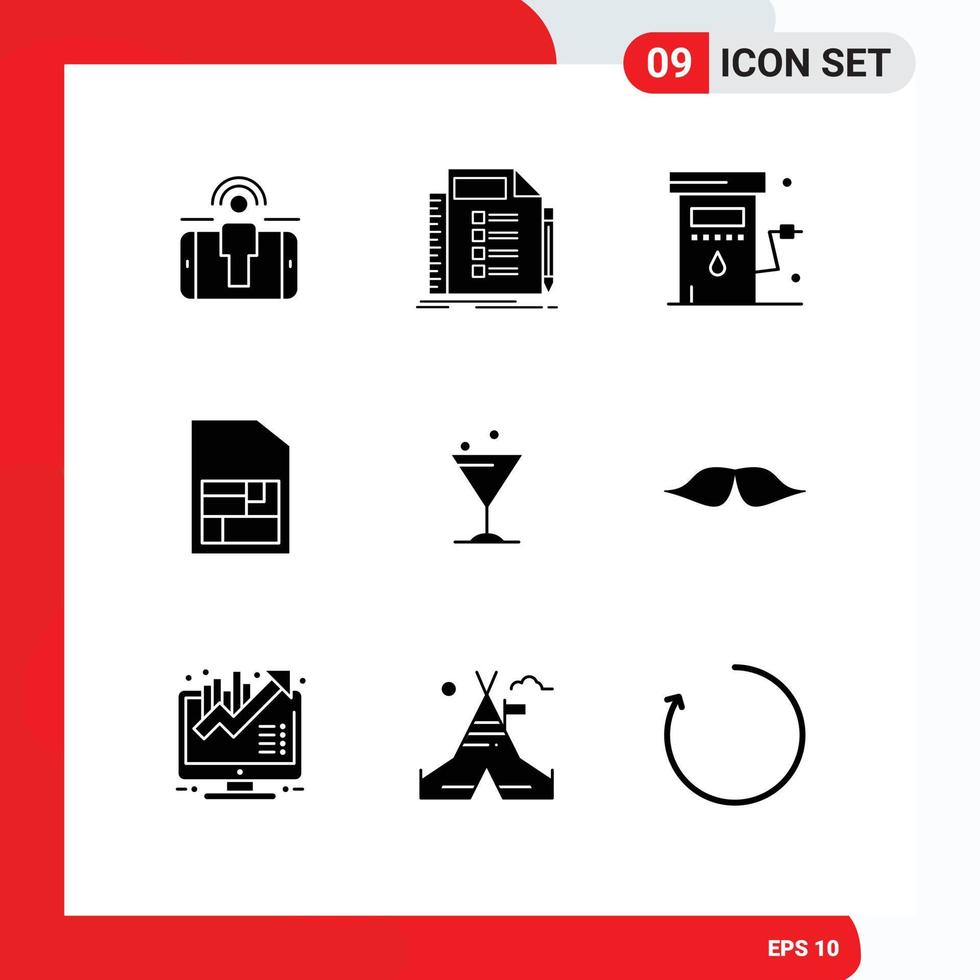 Pictogram Set of 9 Simple Solid Glyphs of glass sim task mobile sim power Editable Vector Design Elements