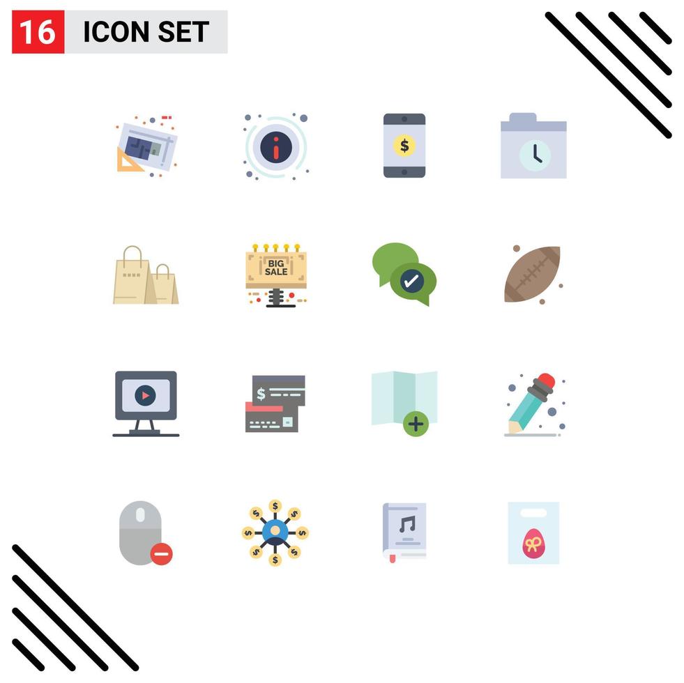 16 Thematic Vector Flat Colors and Editable Symbols of shopping bag about history backup Editable Pack of Creative Vector Design Elements