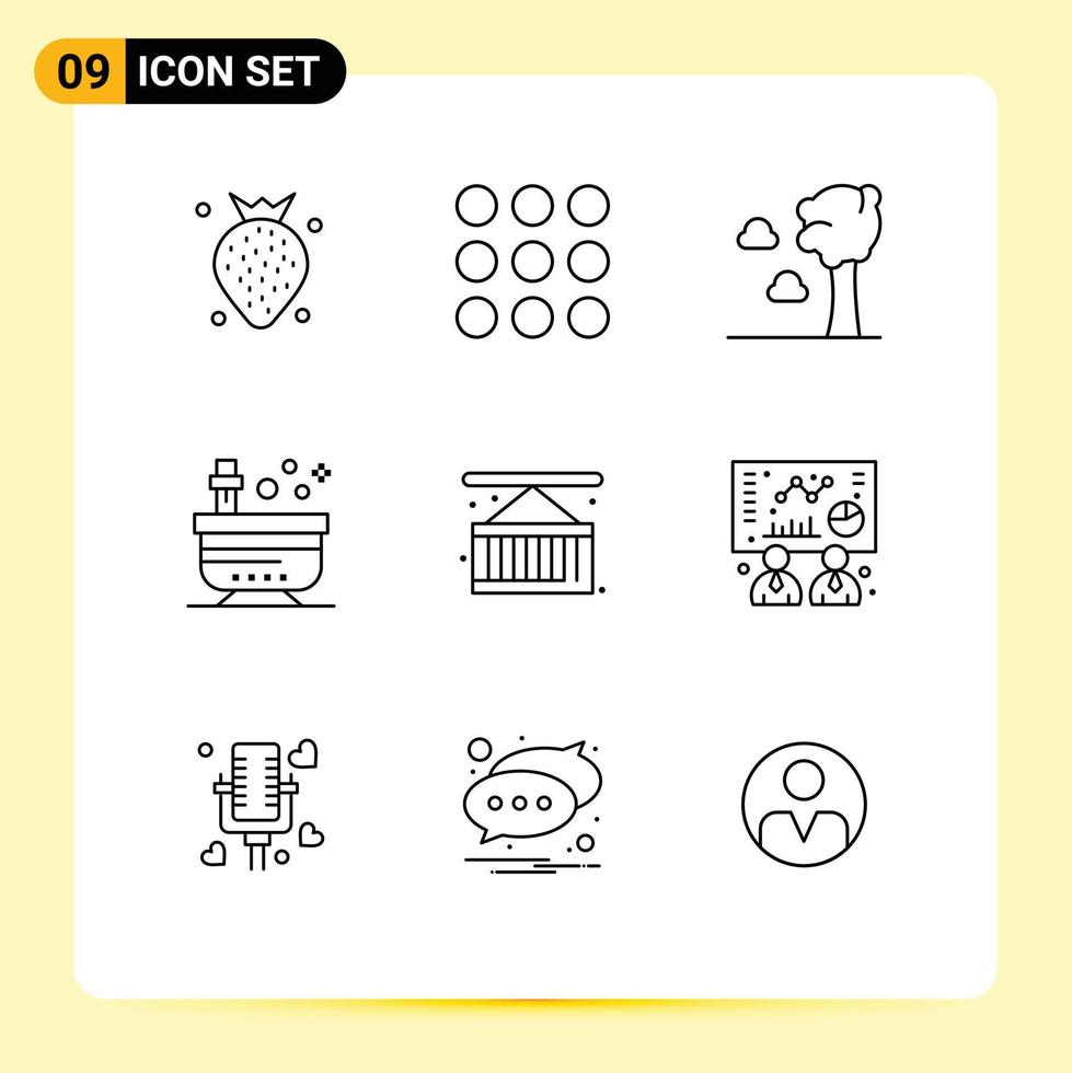 Pack of 9 creative Outlines of delivery box cloud yoga spa Editable Vector Design Elements