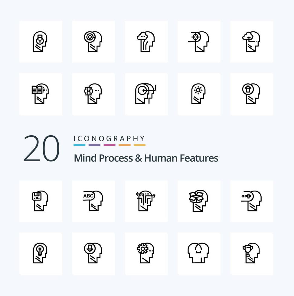 Paquete de iconos de línea de 20 procesos mentales y características humanas como cabeza humana de capa de características unbox vector