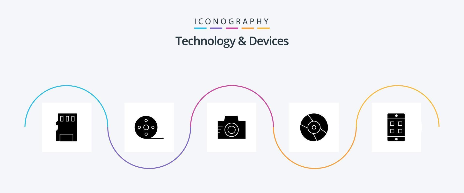 Devices Glyph 5 Icon Pack Including cell. device. camera. disk. cd vector