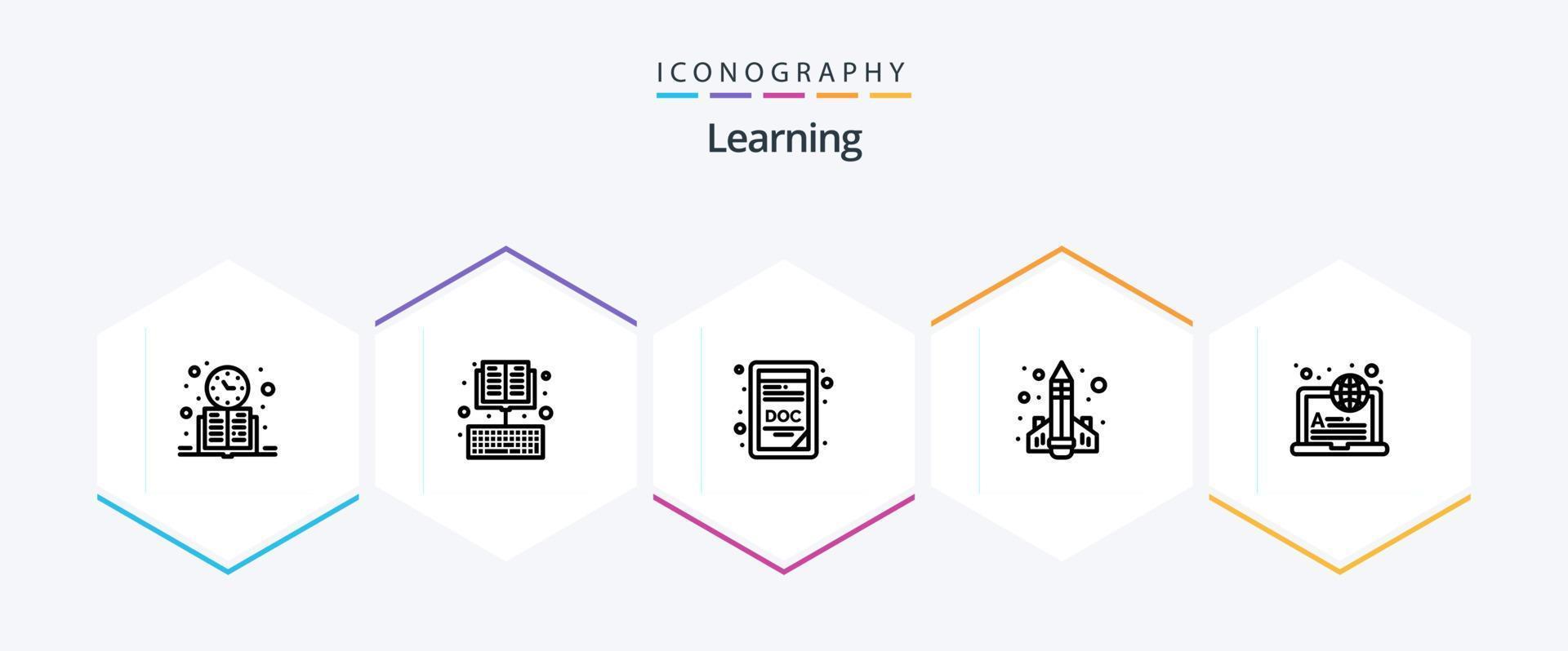 Learning 25 Line icon pack including rocket. knowledge. education. education. doc file vector