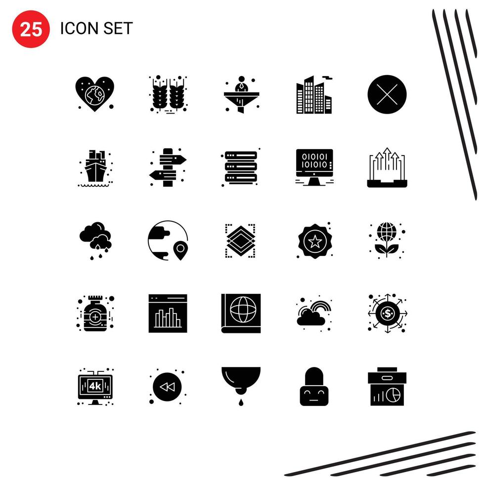 25 Universal Solid Glyph Signs Symbols of close skyscraper wheat office financial Editable Vector Design Elements