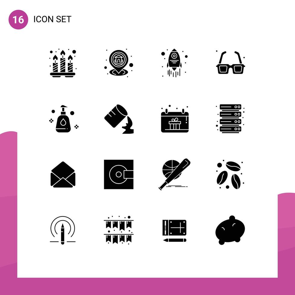 16 Universal Solid Glyph Signs Symbols of cleaning romance navigation park glasses Editable Vector Design Elements