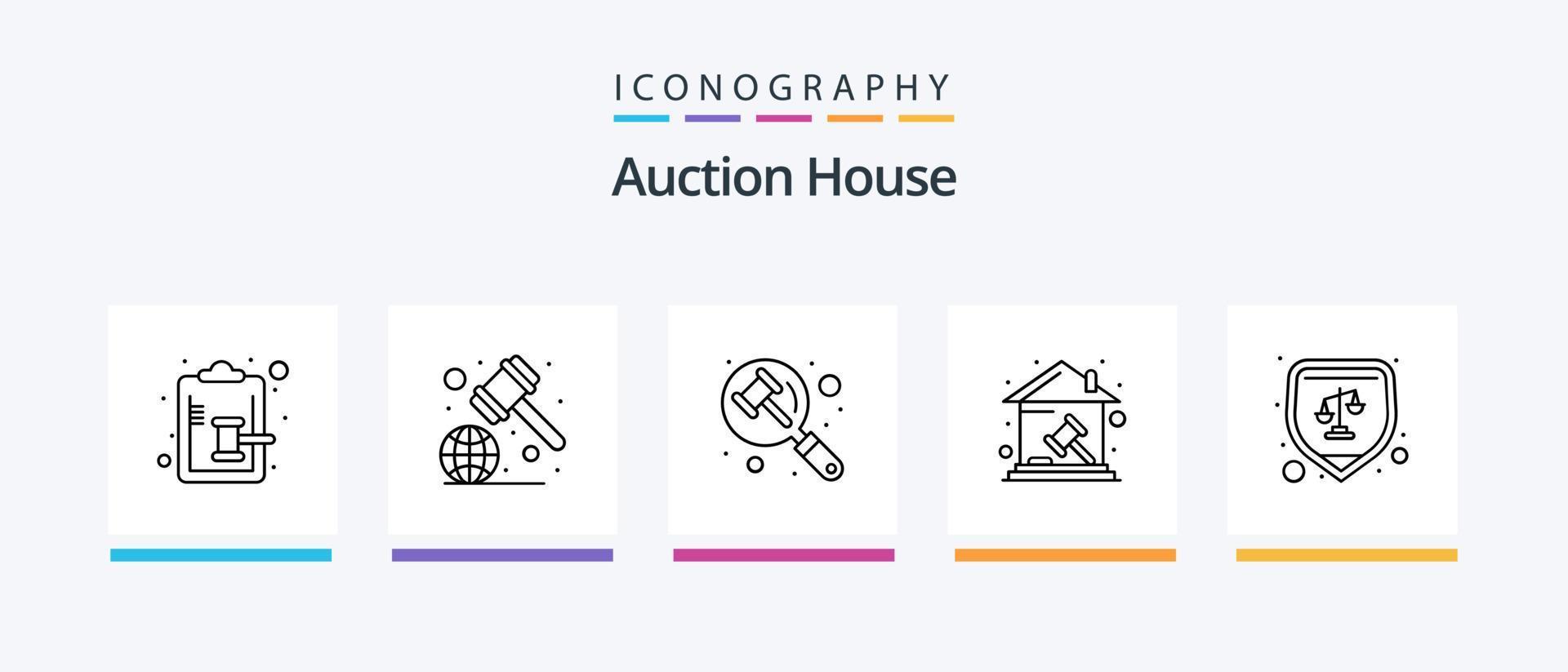 paquete de iconos de línea de subasta 5 que incluye reglas globales. leyes subasta judicial. juez martillo. abogado. diseño de iconos creativos vector