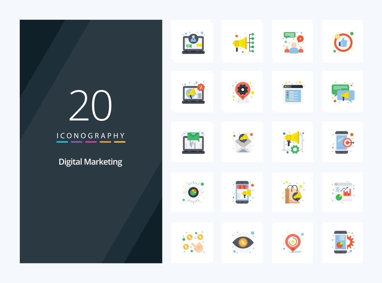 20 icono de color plano de marketing digital para presentación vector